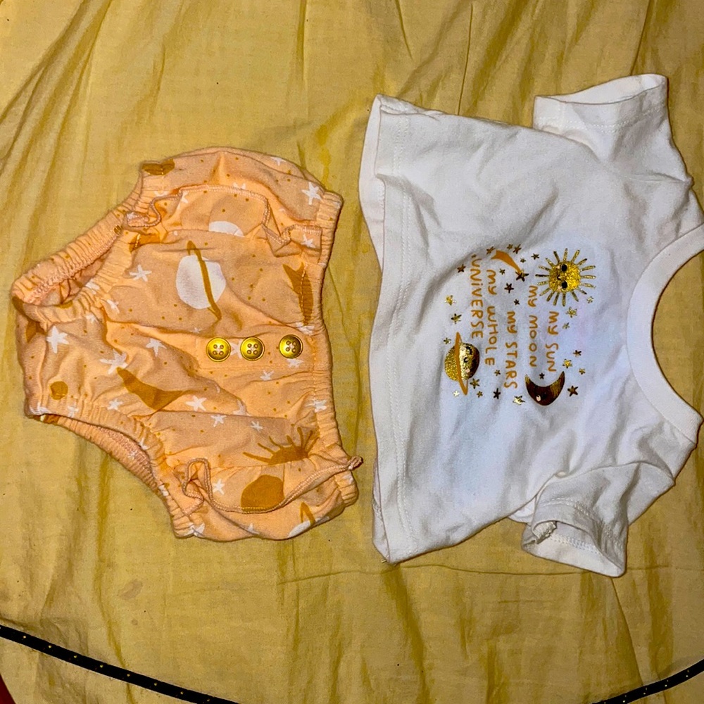 New born, two piece, moon sun stars and universe